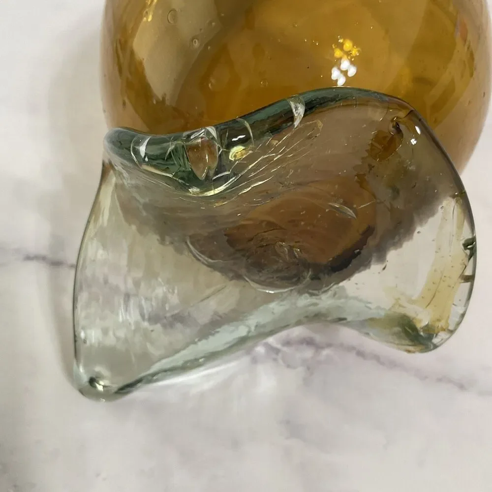 Hand Blown Glass Amber Pitcher with attached Clear Handle 10.5”Tall Clear Base